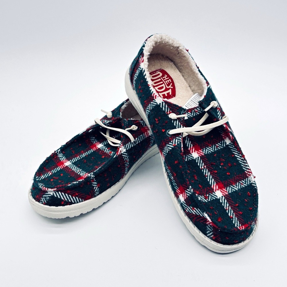 Hey Dude Wendy Confetti Plaid Cozy Womens 12 Red Green Lined Fleece Slip-On